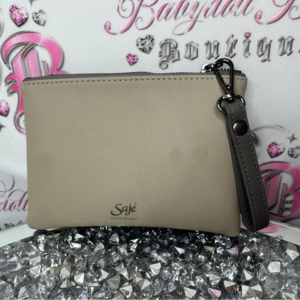 Saje Gray Wristlet Clutch attachable strap natural wellness soft bag makeup